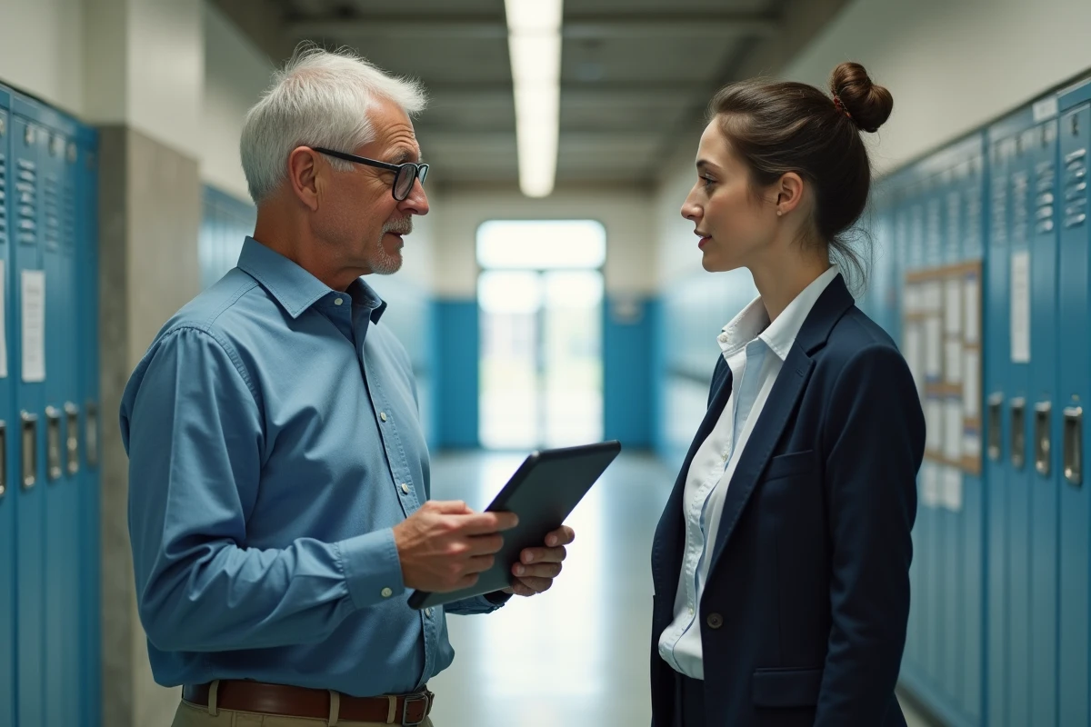 Directeur d'école et collègue discutant de la gestion quotidienne via l'ENT02 sur une tablette dans un couloir scolaire