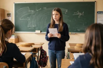 Jeune élève de collège prenant la parole devant sa classe lors d'un discours de délégué, tenant ses notes manuscrites avec une expression concentrée