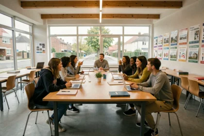 Groupe d'étudiants adultes divers réunis dans une salle de cours de langues moderne dans le Val-d'Oise