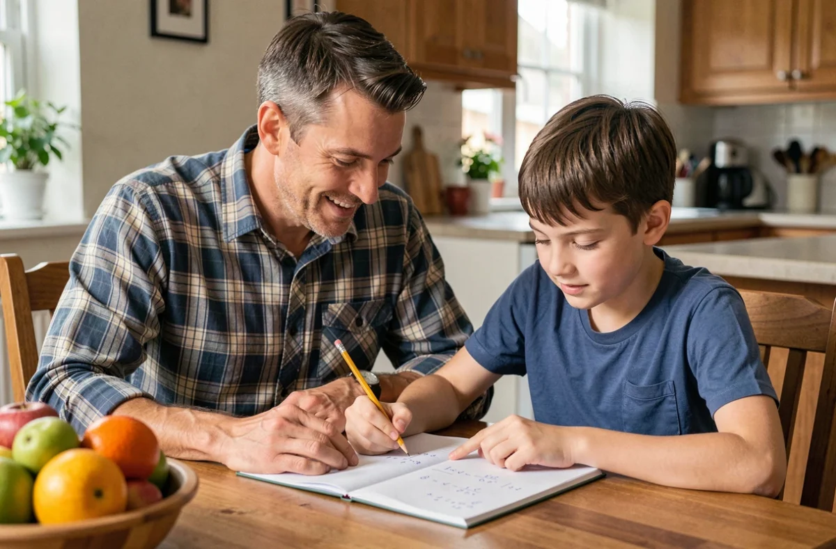 Un tuteur à domicile d'Educadom aidant un jeune garçon à faire ses devoirs de mathématiques à la table familiale dans un cadre domestique chaleureux