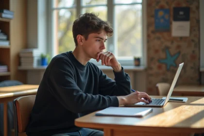 Jeune lycéen français studieux dans une salle moderne
