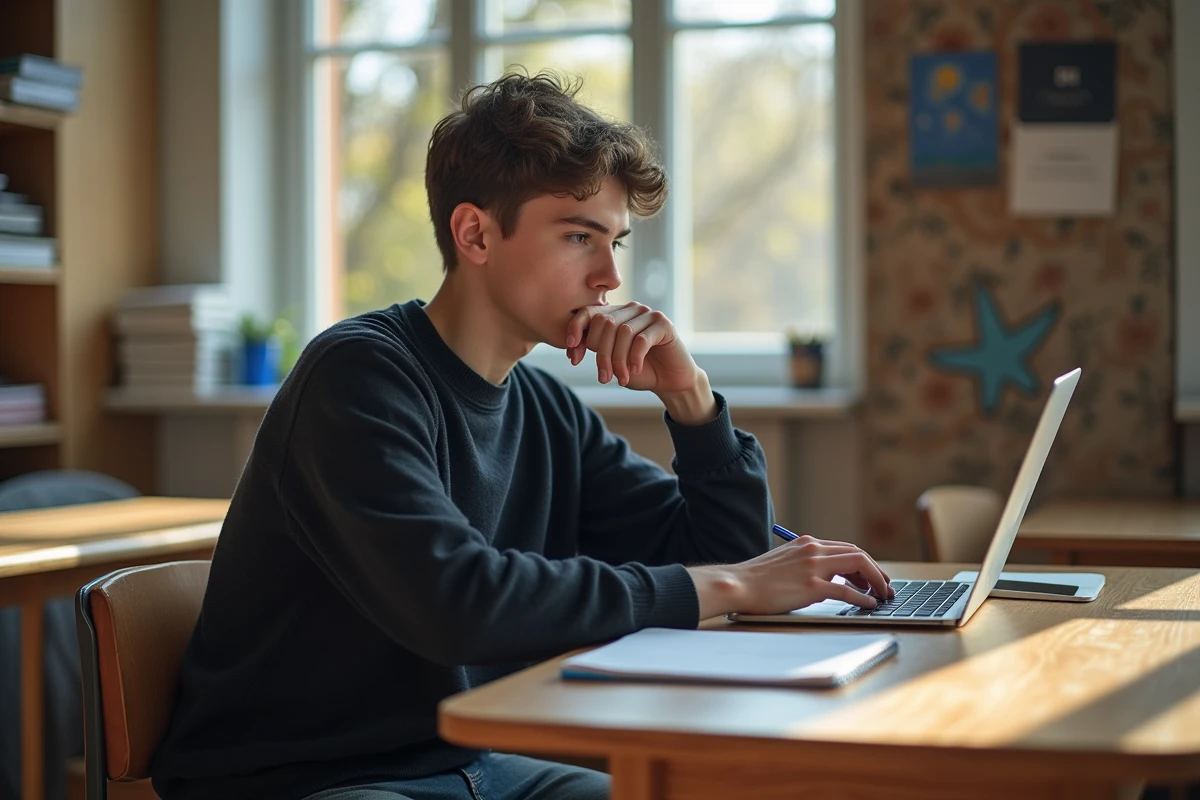 Jeune lycéen français studieux dans une salle moderne