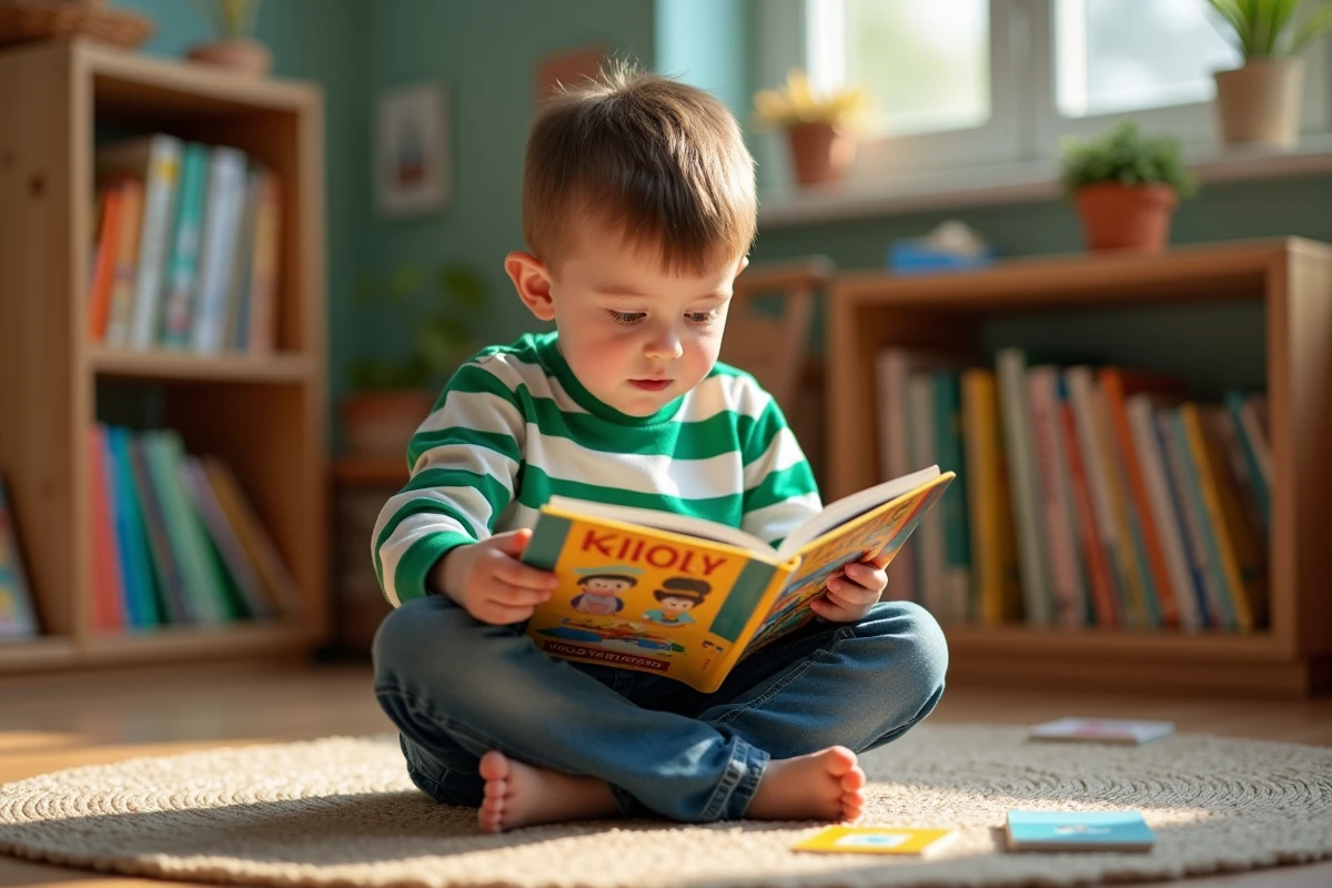 Jeune élève de primaire lisant un livre illustré dans un coin lecture de classe avec des flashcards de vocabulaire