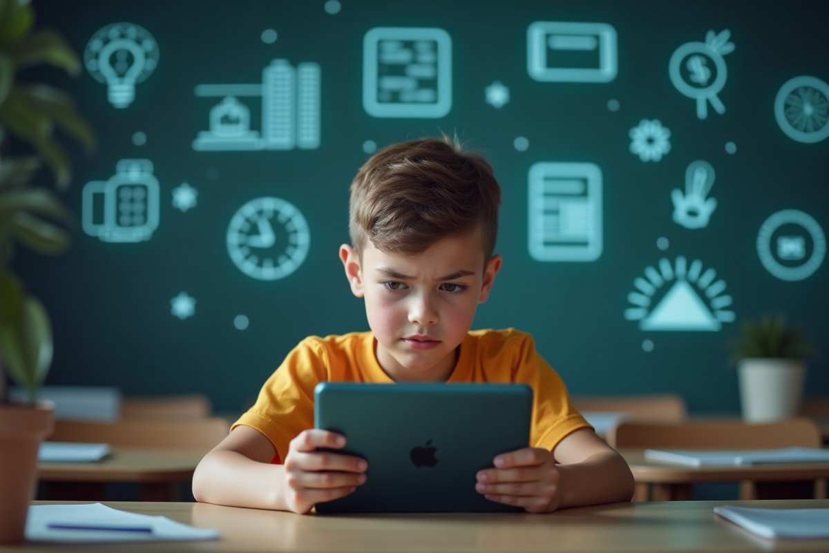 Elève pensif seul avec une tablette dans un décor éducatif flou