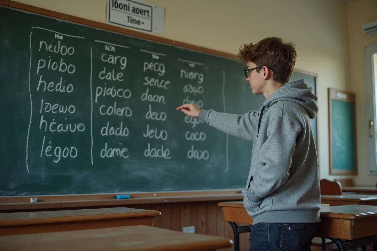 Adolescent pointant des conjugaisons de verbes du 2ème groupe écrites à la craie sur un tableau noir dans une salle de classe