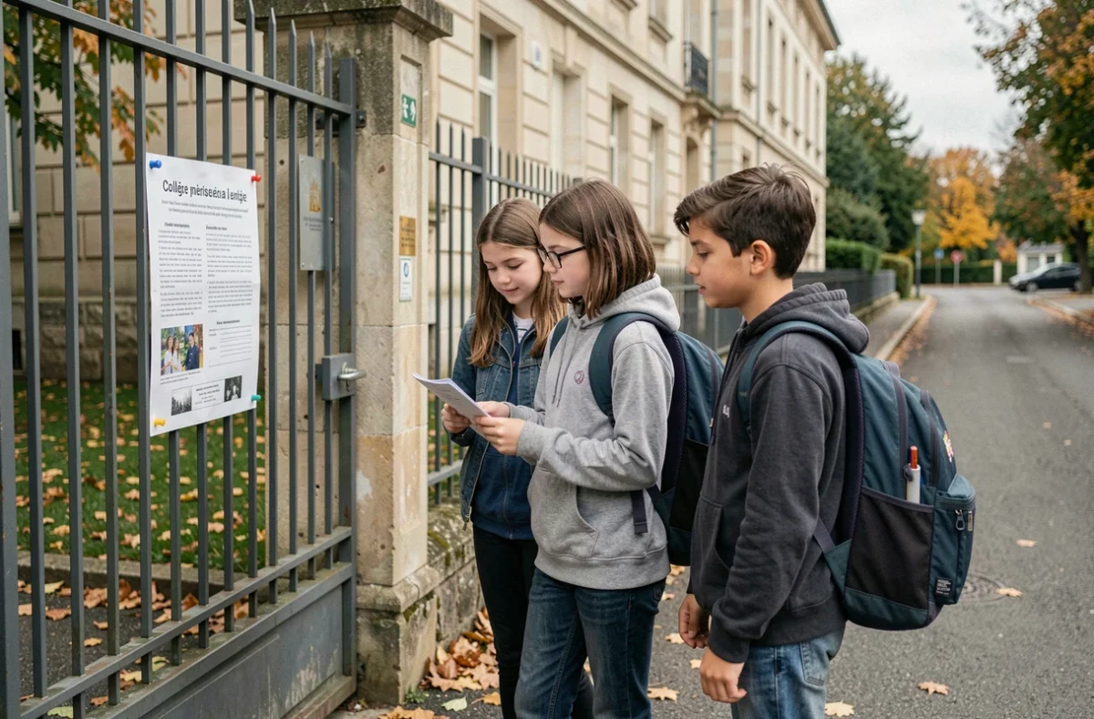 Groupe de collégiens lisant un avis d'inscription affiché à l'entrée du collège Braque à Dieppe