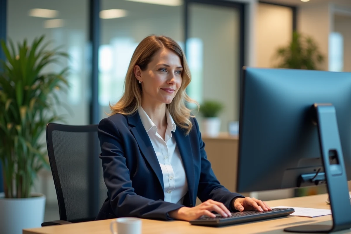 Employée utilisant le portail métier 76 sur ordinateur avec raccourcis clavier notés