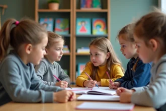 Groupe d enfants d ecole primaire autour d une table en classe moderne