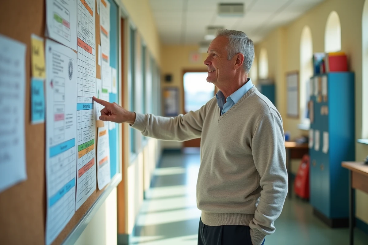 Enseignant montrant une affiche éducative dans le couloir
