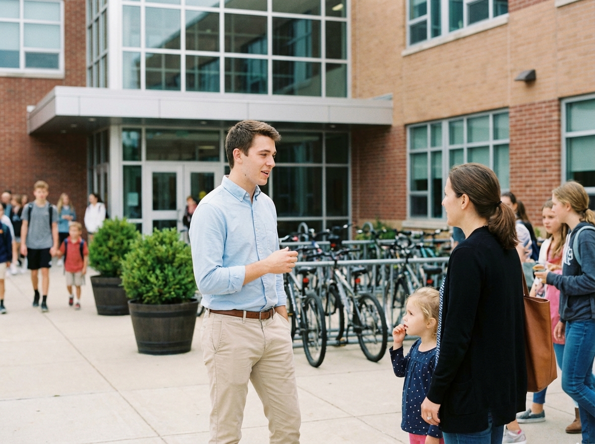 Homme discutant avec parent devant une école moderne