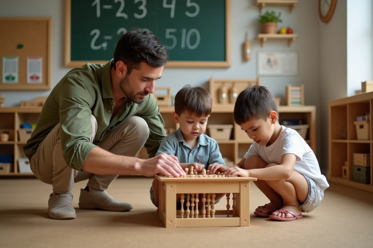 Enseignant guidant des élèves dans un exercice de tables de multiplication avec des perles Montessori