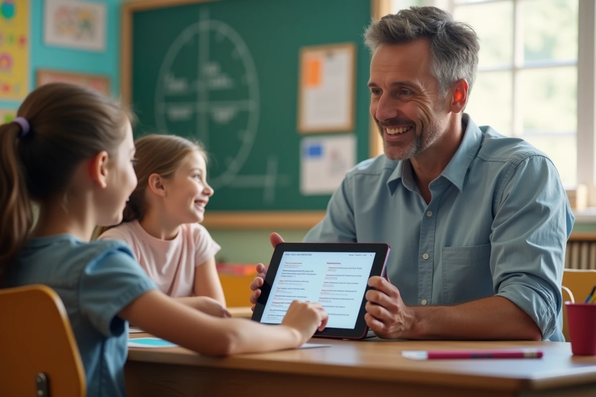 Enseignant discutant avec parents dans une classe colorée