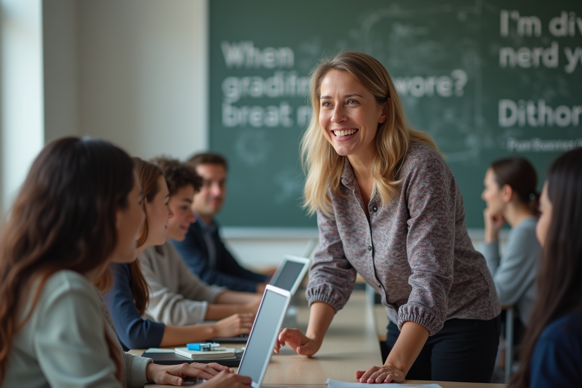 Enseignante guidant des étudiants sur ordinateur en classe