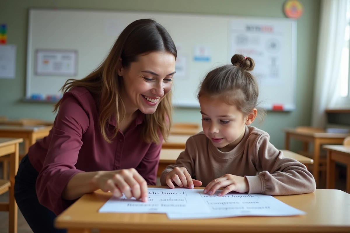 Enseignante de CE2 guidant un élève sur une fiche de lecture avec du vocabulaire écrit au tableau blanc