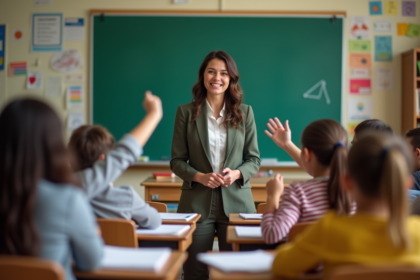 Professeure enseignant une classe d'eleves attentifs
