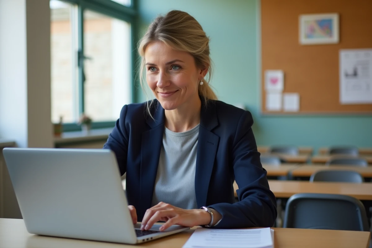 Enseignante utilisant la plateforme Easy Scol sur un ordinateur portable dans une salle de classe moderne