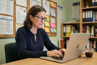Enseignante consultant la plateforme numérique Toutatice sur son ordinateur portable dans une salle des professeurs en 2026