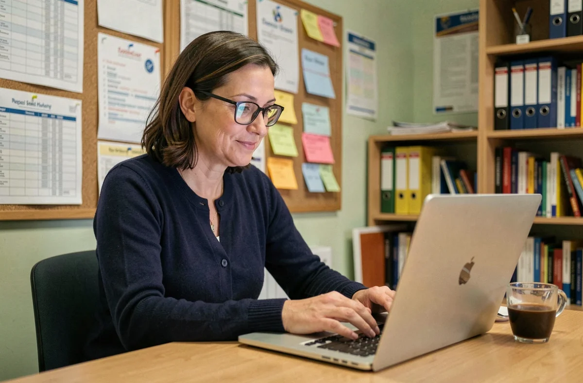 Enseignante consultant la plateforme numérique Toutatice sur son ordinateur portable dans une salle des professeurs en 2026