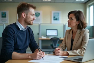 Demandeur d'emploi en entretien avec un conseiller Pôle emploi dans une agence moderne, discutant des droits et devoirs liés à l'inscription