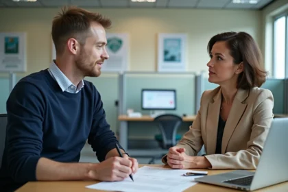 Demandeur d'emploi en entretien avec un conseiller Pôle emploi dans une agence moderne, discutant des droits et devoirs liés à l'inscription