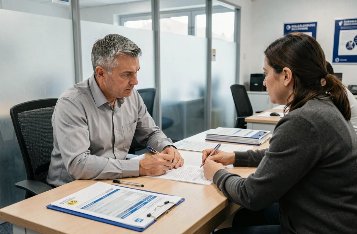Homme en entretien à l'agence Pôle emploi pour valider ses documents après rupture conventionnelle