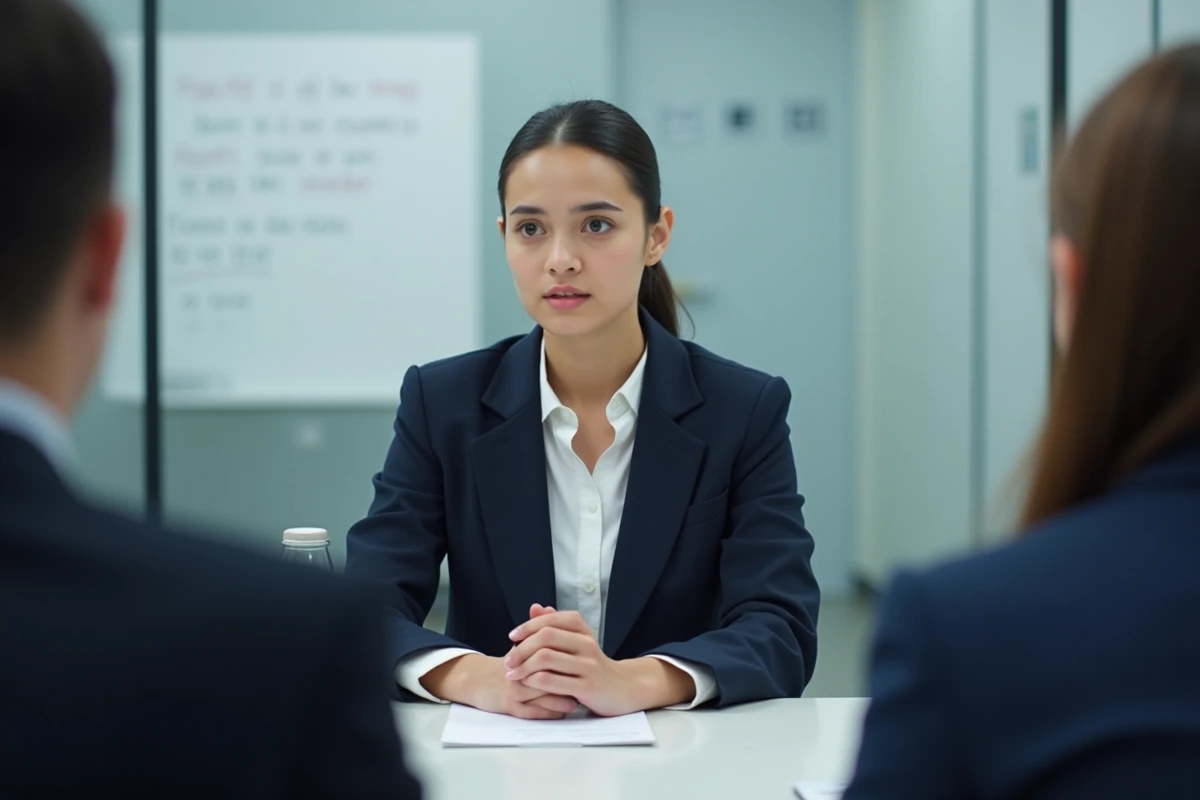 Jeune femme candidate lors d'un entretien de sélection pour le programme cadet Air France face à un jury d'examinateurs
