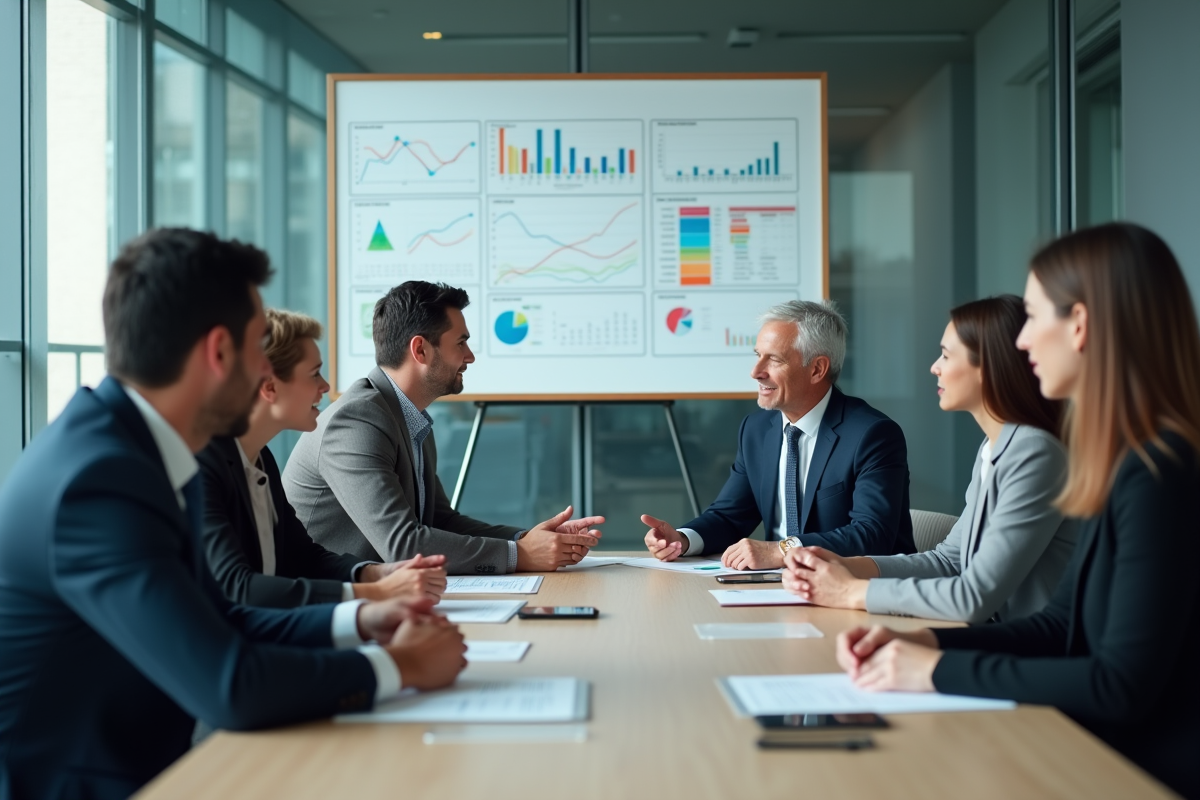Groupe de professionnels en réunion dans une salle vitrée