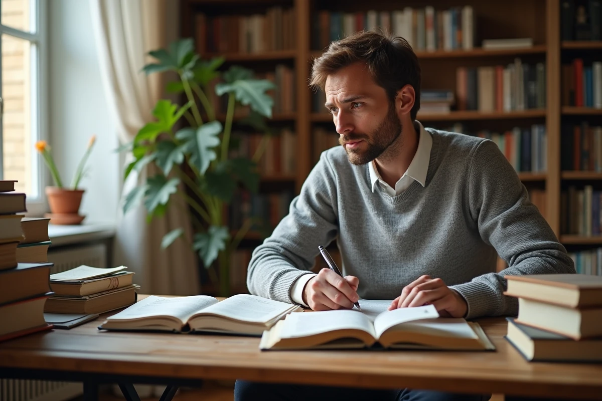 Homme étudiant la conjugaison française avec des livres de grammaire ouverts, illustrant l'apprentissage du verbe accueillir au présent et à l'infinitif