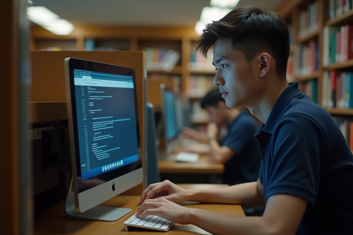Étudiant en bibliothèque universitaire face à un problème de connexion à l'ENT lent