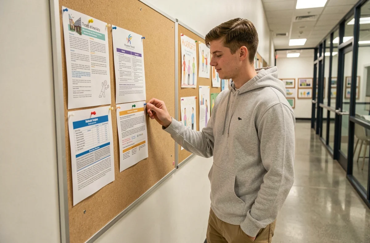 Jeune homme consultant une brochure de formation en image après son BTS dans un couloir d'école