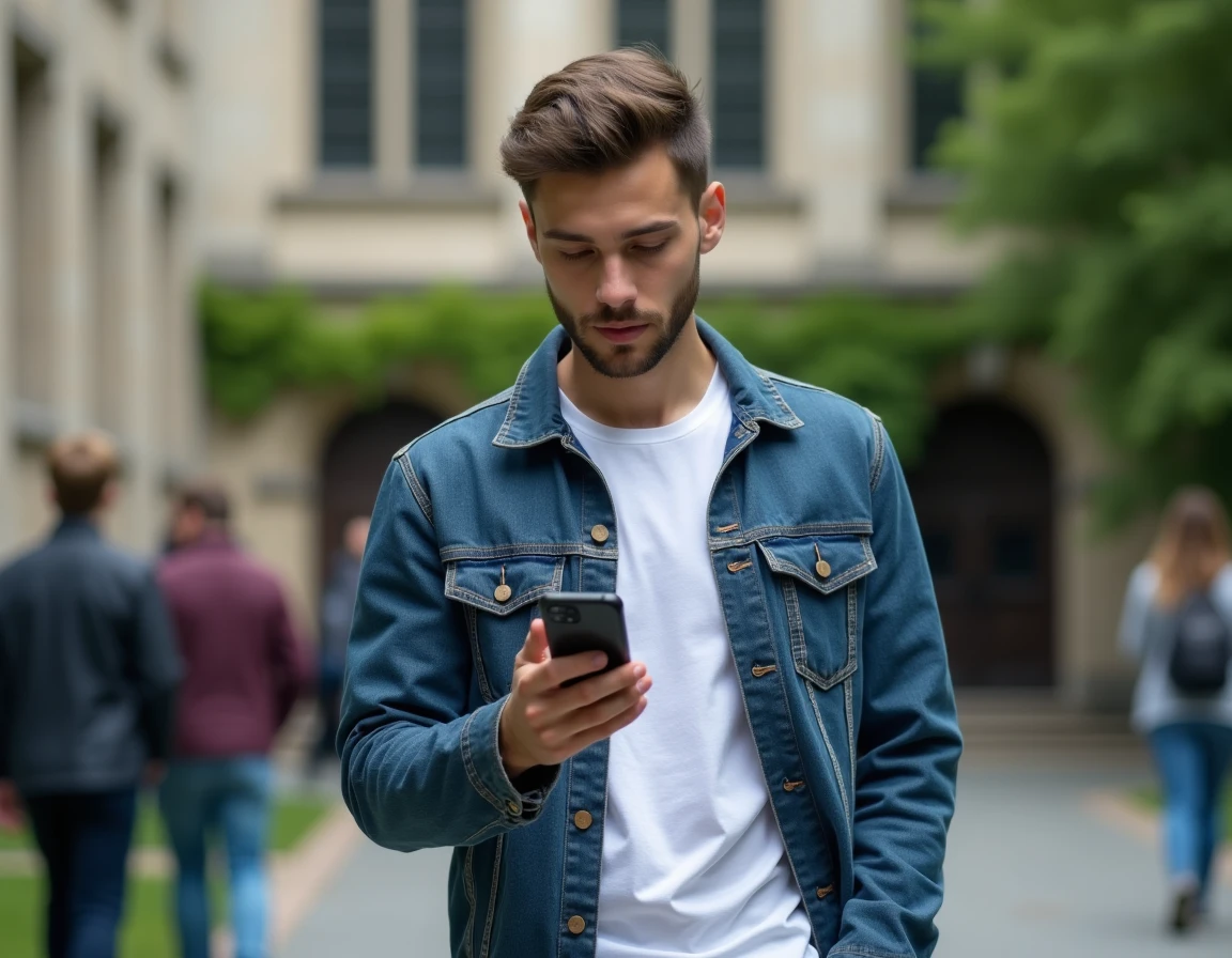 Étudiant utilisant l'authentification sécurisée de l'ENT AMU en extérieur sur le campus