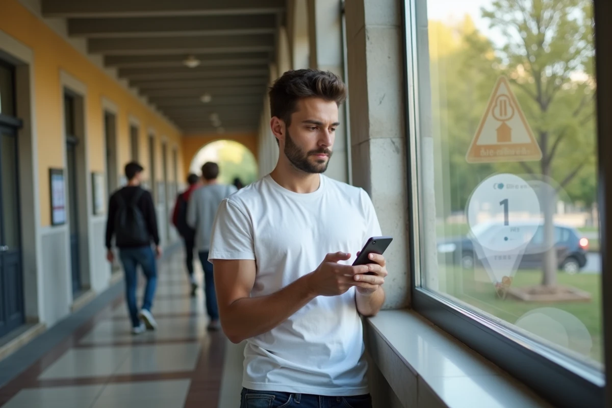 Étudiant dans un couloir universitaire consultant son téléphone après une panne de l'ENT Assas
