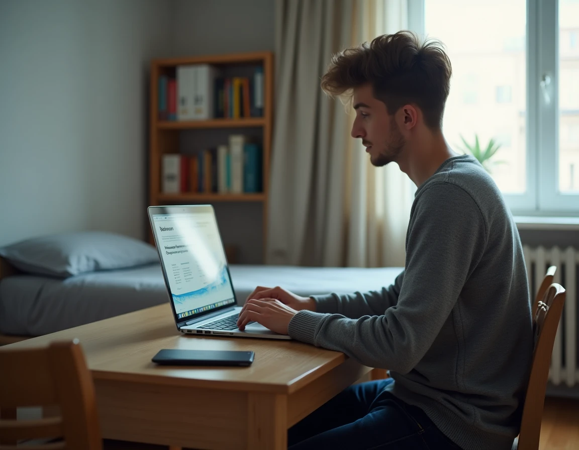 Étudiant en DUT effectuant le paiement de la CVEC en ligne depuis sa chambre en résidence universitaire