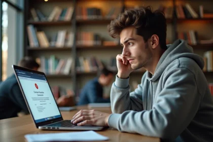 Étudiant universitaire frustré devant une page d'erreur de connexion sur son ordinateur portable en bibliothèque