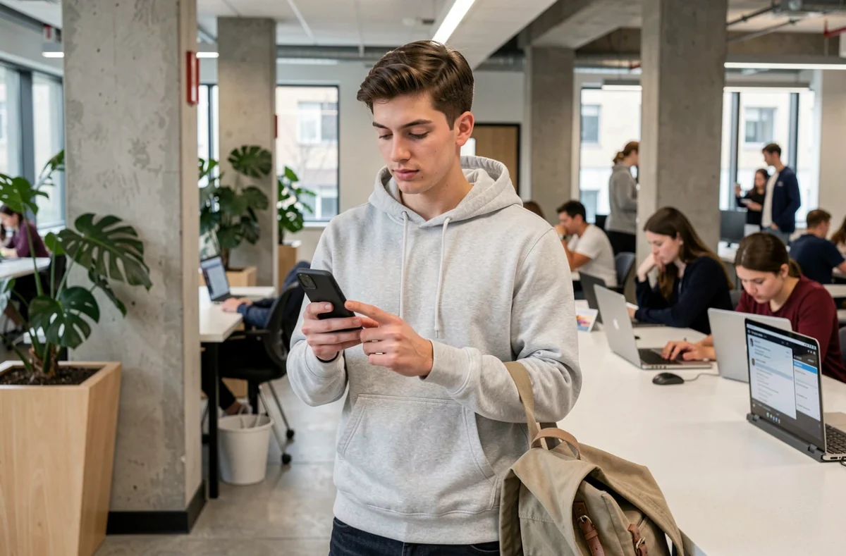 Étudiant consultant les paramètres de notification de sa messagerie ENT sur smartphone dans un espace commun universitaire