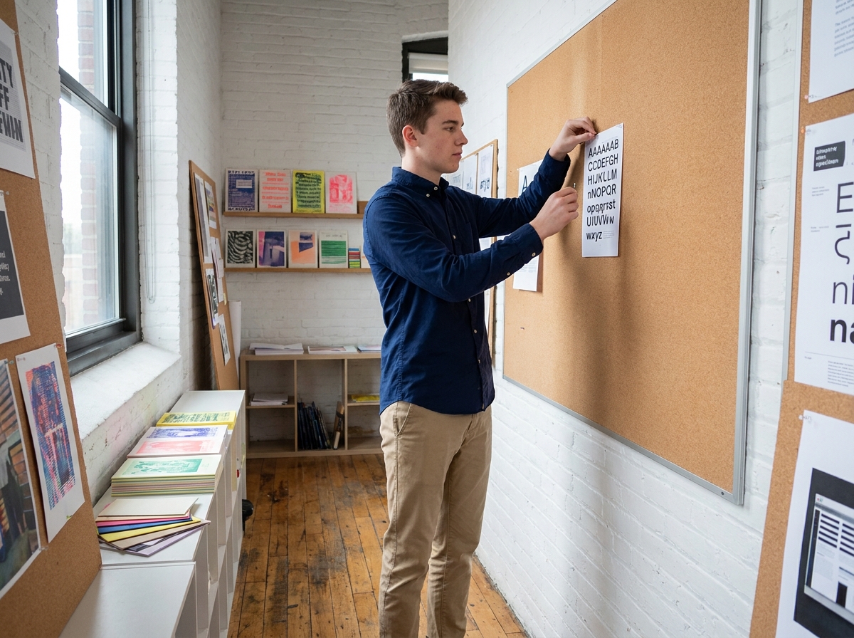 Jeune étudiant accrochant des planches typographiques sur un mur de liège dans une école de design graphique
