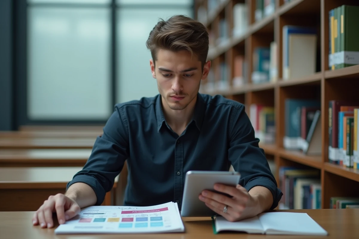 Étudiant consultant un calendrier d'examens sur tablette dans une bibliothèque universitaire moderne