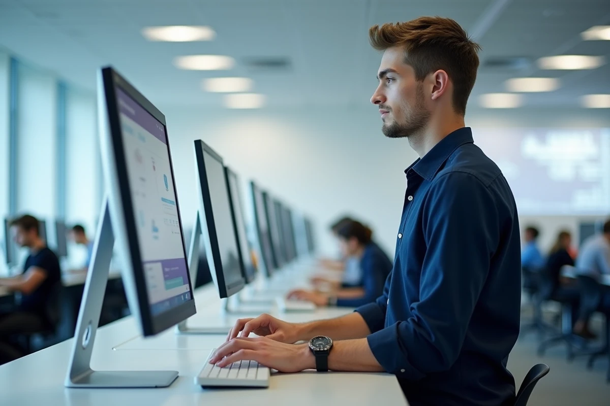 Étudiant naviguant sur le portail numérique INP Planète dans une salle informatique universitaire
