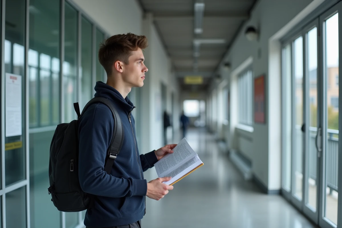 Étudiant de première année en ECE prépa debout dans le couloir d'une école d'ingénieurs tenant un manuel de cours