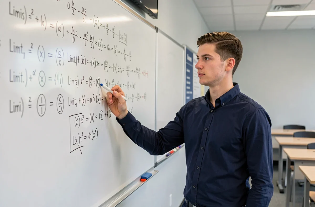 Étudiant expliquant des équivalents mathématiques au tableau blanc dans une salle de classe pour les oraux de concours