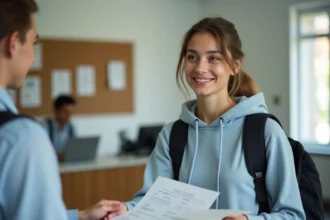 Étudiante en BTS remettant un document administratif au guichet d'un service universitaire pour le paiement de la CVEC