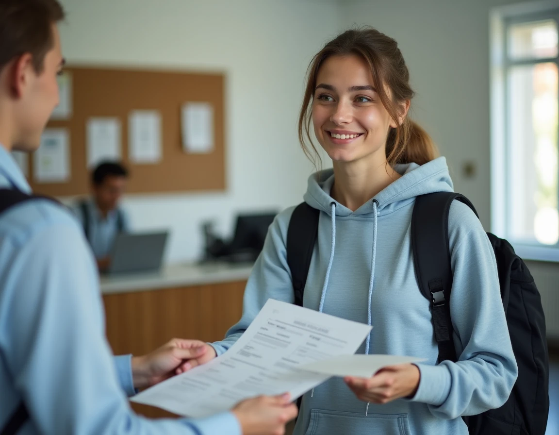 Étudiante en BTS remettant un document administratif au guichet d'un service universitaire pour le paiement de la CVEC
