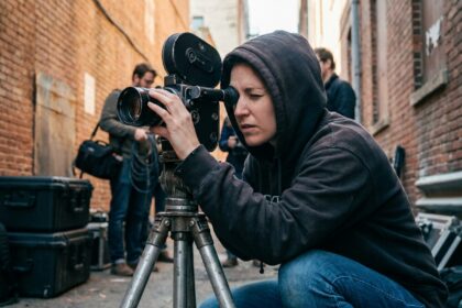 Étudiante en cinéma filmant en extérieur avec une caméra professionnelle dans une ruelle urbaine lors d'un atelier pratique