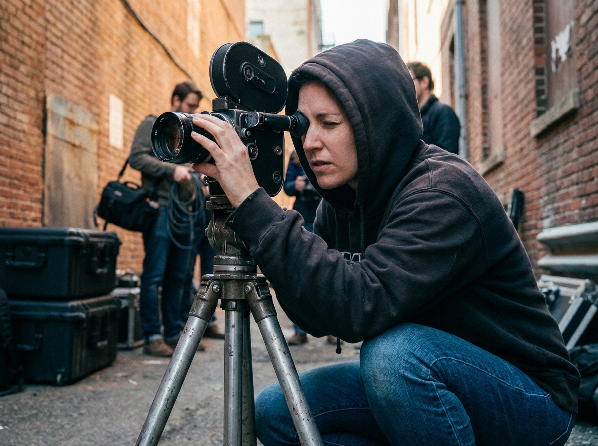 Étudiante en cinéma filmant en extérieur avec une caméra professionnelle dans une ruelle urbaine lors d'un atelier pratique