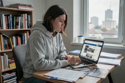 Étudiante déçue lisant des avis négatifs sur une école de communication sur son ordinateur portable, entourée de documents universitaires