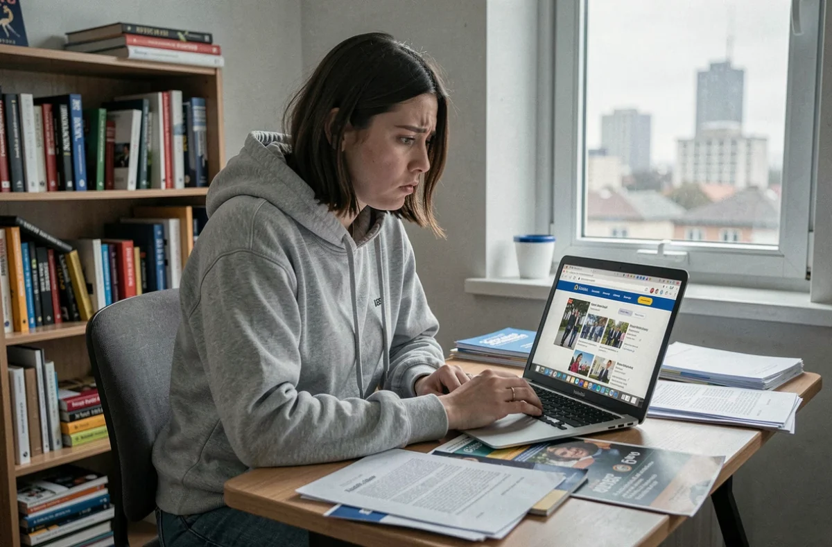 Étudiante déçue lisant des avis négatifs sur une école de communication sur son ordinateur portable, entourée de documents universitaires