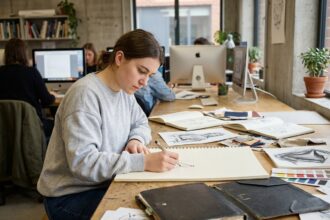 Étudiante en design graphique travaillant sur ses projets dans un studio d'école de design avec portfolio et esquisses sur la table