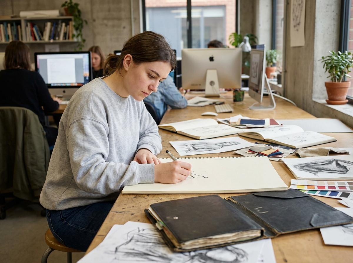 Étudiante en design graphique travaillant sur ses projets dans un studio d'école de design avec portfolio et esquisses sur la table