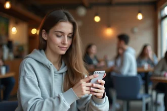 Étudiante accédant à l'ENT AMU sur son smartphone dans un café universitaire