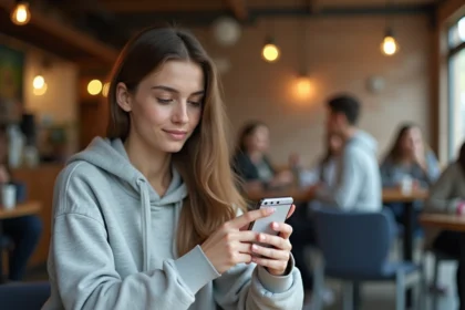 Étudiante accédant à l'ENT AMU sur son smartphone dans un café universitaire